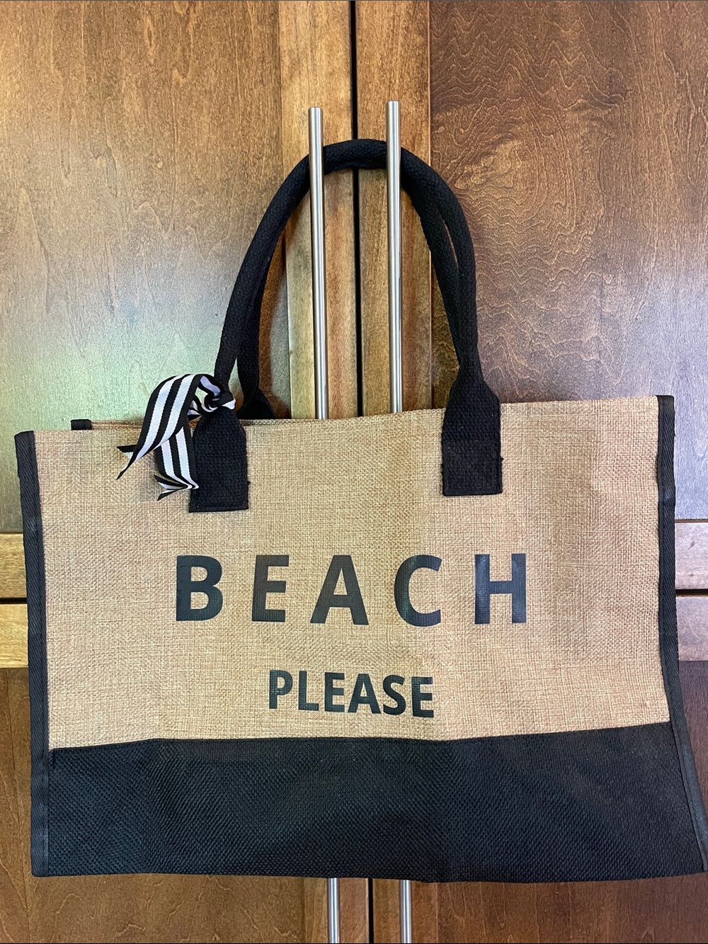 Beach Please Canvas Tote Bag with Black Trim
